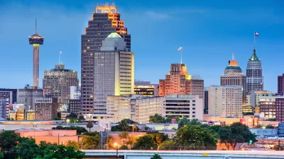Downtown San Antonio, Texas skyline at dusk.